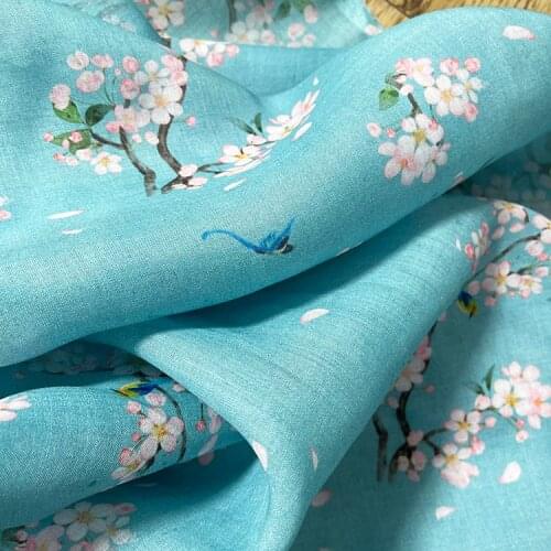 High quality new natural ramie fabric Pink flowers and bluebirds printing tissus Skirt lining dress shirt material