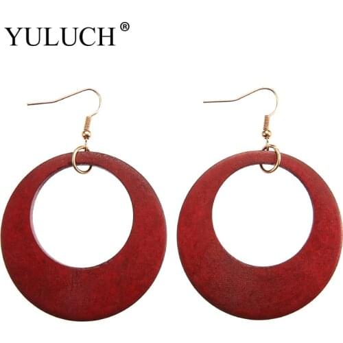 YULUCH Women Vintage Simple Round Natural Wood Drop Earrings Dangle Earrings Big Circle Earrings Jewelry Euramerican