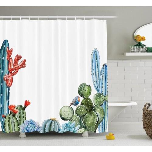 Cactus Shower Curtain Cactus Spikes Flowers with Birds Cartoon Vintage Like Colored Artwork Bath Curtains for Bathroom Decor