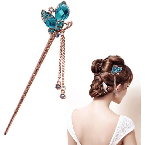 Women Elegant Charm Blue Crystal Bobby Pin Fashion Hairpin Rhinestone Hair Stick