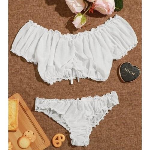 2021 Summer Women Sweet Sexy 2 Piece Set Mesh Lingerie Babydoll Sleepwear Pajamas Off Shoulder Solid Crop Top+Shorts Clothing