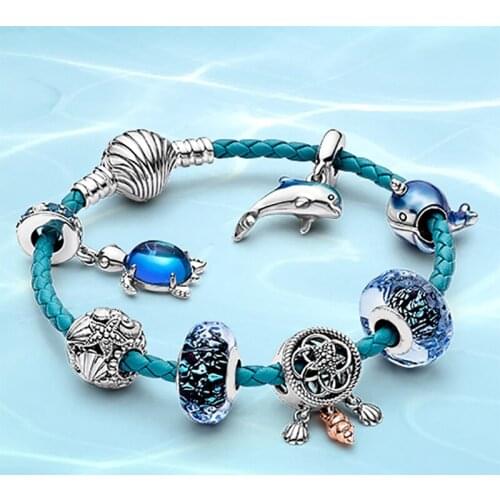 925 sterling silver summer ocean series blue secret fish starfish turtle glass shell leather fashion Pandora bracelet female