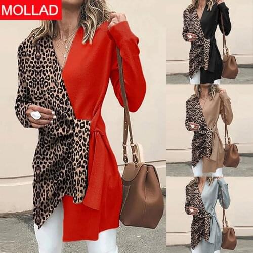 2021 Autumn and Winter New Ladies Temperament V-neck Leopard Print Contrast Color Suit Special Womens Clothing Coat