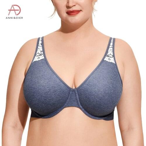 Womens Soft Cotton Full Coverage Plus Size Underwire Unlined Lace Minimizer Bra