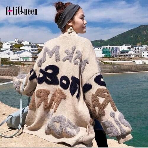 2020 Autumn Women Letters Lantern Long Sleeve Knitted Loose Sweater Cardigan Jacket Winter Thick Warm Soft Coat Korean Outwear