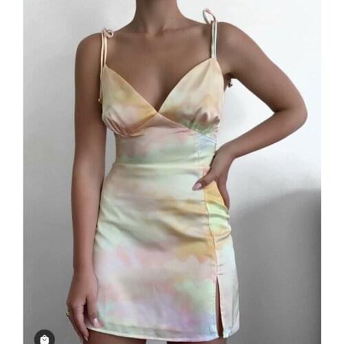 Women Chic Candy Color Satin Bright Sexy Strapless Soft Camisole Dress Backless Tie Dye Spilt Casual Beach Vestidos 2021 Summer