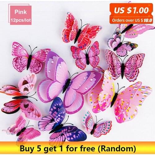 12 pcs/pack 3D Butterfly Wall Sticker Pink Simulation Butterfly Kids Room Bedroom Living room TV Background Decorative Stickers