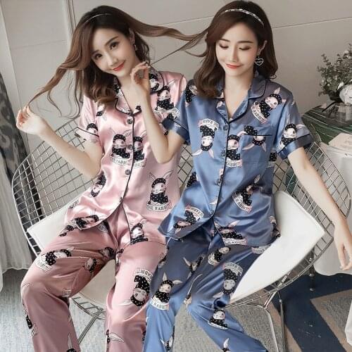 2021 Summer Plus Size Short Sleeve Long Pants Silk Satin Pajama Sets for Women Sleepwear Suit Homewear Pijama Mujer Home Clothes