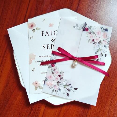50pc Flower Sem-transparent Wedding Invitations with Ribbon and Rhinestone DIY Print Vellum Wrap For Bridal Shower Party Invites