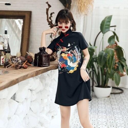 Black Oriental Dress Short Cheongsam Chinese Traditional Dress Robe Vintage Femme Modern Dress Girls Chinese Dress Qipao 10289