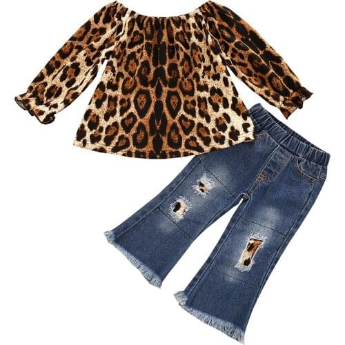 1-4Years l Baby Girls Jean Suit Flare Sleeve Off Shoulder Elastic Head Long Ripped Jeans for Spring and Autumn