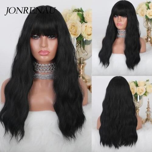 JONRENAU 29 Inch Long Black with Bangs Wig Synthetic Water Wave Hair Wigs for Black White Women Daily Use Cosplay