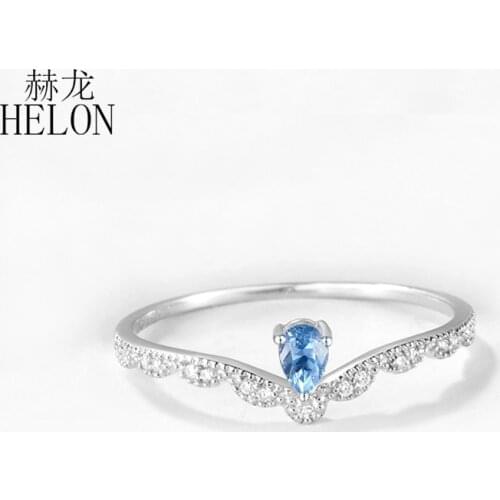 HELON Art Deco Solid 14k White Gold 4x6mm Pear Cut Blue Topaz Natural Diamonds Ring Engagement Wedding Ring Party Fine Jewelry