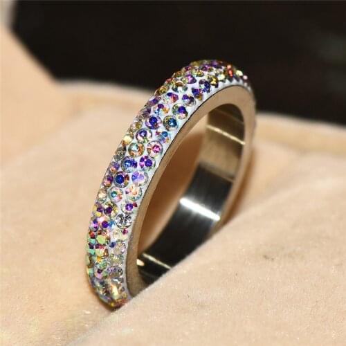 Boho Male Female Crystal White Rainbow Zircon Ring Stainless Steel Ring Wedding Jewelry Promise Engagement Ring