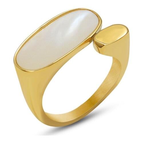 INS New Personality 316L Stainless Steel Plated 18K Gold White Sea Shell Oval Ring For Women Girls Trendy Jewelr Gift