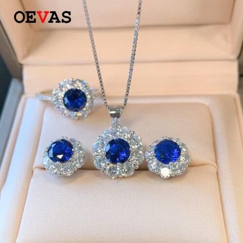OEVAS 100% 925 Sterling Silver Synthetic Sapphire Fine Jewelry Set Sparkling High Carbon Diamond Rings Earrings Pendant Necklace
