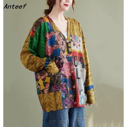 Korean fashion vintage floral knitted long sleeve tops causal loose oversized autumn cardigan sweater women sweaters coat 2021