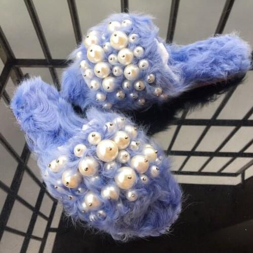 Summer Girl Pearl Studs Wool Fur Women Flat Slippers Beading Peep toe Ladies Slingback Leisure Slip on Fur Side Shoes
