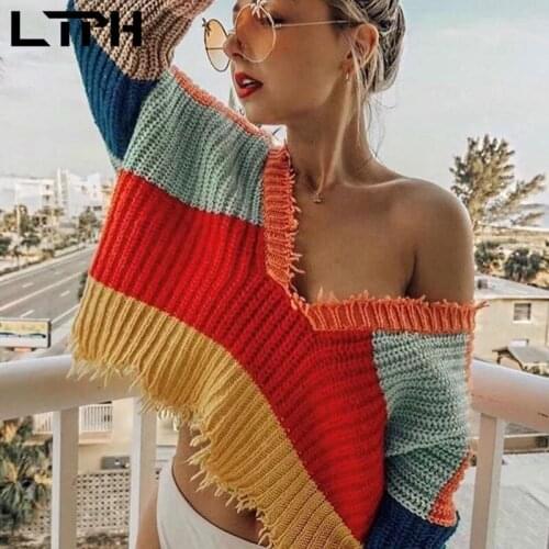 LTPH women sweaters pullovers fashion rainbow stripes splicing Burrs Knitted jumpers loose V-Neck long sleeve top 2021autumn new