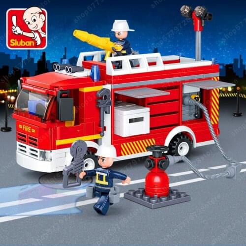 Minifigure sluban City Triple Fire Water Tank Truck Car Building Blocks Sets Brinquedos Bricks Educational Toy Gift FOR Children