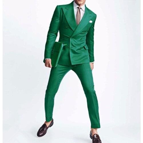 Double Breasted Green Men Suits for Wedding Prom with Peaked Lapel 2 Piece Custom Groom Tuxedo Slim fit Man Fashion Clothes 2020