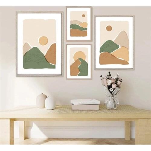 Abstract Sun Mountain Wall Art Poster And Print Landscape Canvas Painting Beige Green Orange Pictures Nordic Living Room Decor