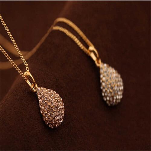 Charm Women Water Drop Pendant Necklace Rhinestone Gold Color Silver Color Lady Jewelry Statement Pendant Chain