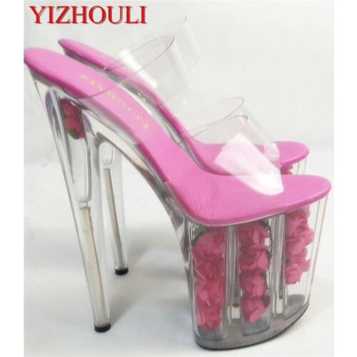 Sexy romantic rose crystal sandals, stage performance star photo album 20cm ultra high transparent dance shoes