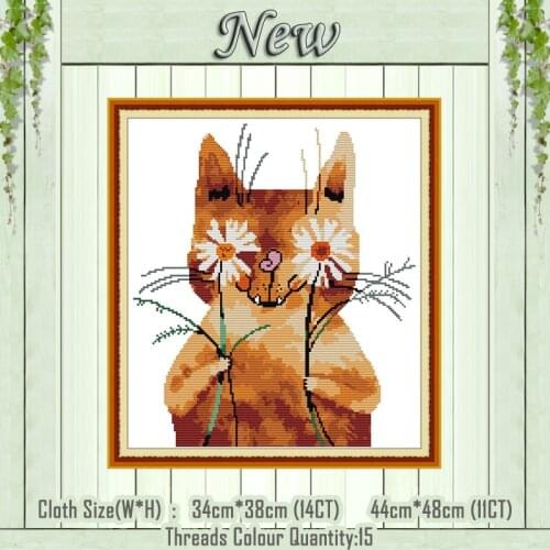 Shy cat cute animal flower home decor painting counted print on canvas DMC 14CT 11CT Cross Stitch Needlework Sets Embroidery kit