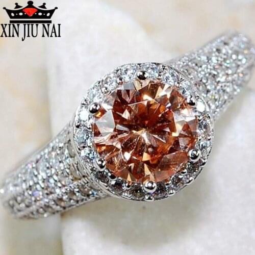 S925 European and American colored zircon personalized fashion 6 claw full diamond ring orange gem ring diamond rings for women
