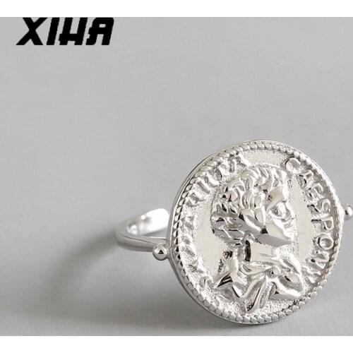XIHA Genuine 925 Sterling Silver Rings for Women Round Coin Portrait Designer Adjustable Ring CHIC Korea Party Fashion Jewelry