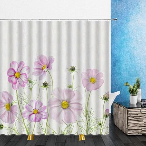 Cartoons Flowers Shower Curtains Pink Purple Peony Lotus 3D Print Waterproof Bathroom Decor Home Bathtub Polyester Curtain Set
