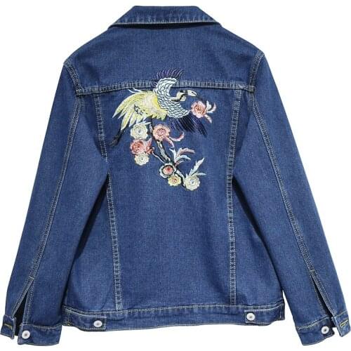 Womens Spring Autumn Long Sleeve Bird Embroidery Short Blue Denim Jacket Female Elastic High Waist Plus Size Outwear TB413