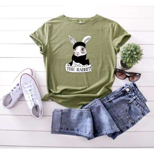 100% Cotton Oversized Womens T-shirt O-Neck Short Sleeve Harajuku Cartoon Rabbit Street Top Casual Female T shirt 2020 Summer