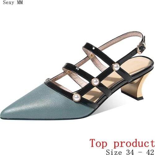 Women Low Med Heels Pumps Med Heel Shoes Woman Party Shoes Kitten Heels Genuine Leather Small Plus Size 34 -40 41 42