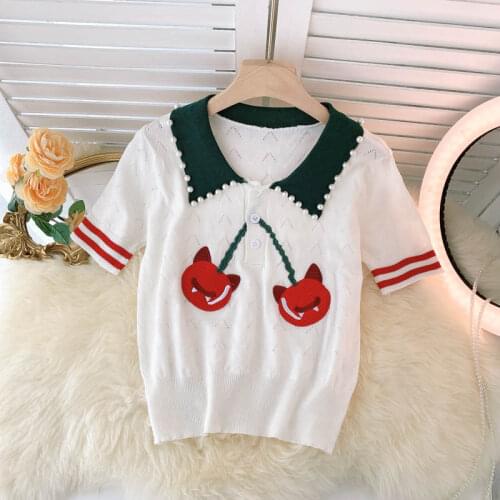 Summer New Style Knitted Short-sleeved Blouse Womens Sweet Beaded Doll Age Reduction Wild Embroidery T-shirt DK1124