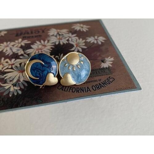 AOMU Personality Asymmetric Blue Sky Sun Moon Round Earrings Vintage Cute Irregular Matte Enamel Heart Stud Earrings for Women