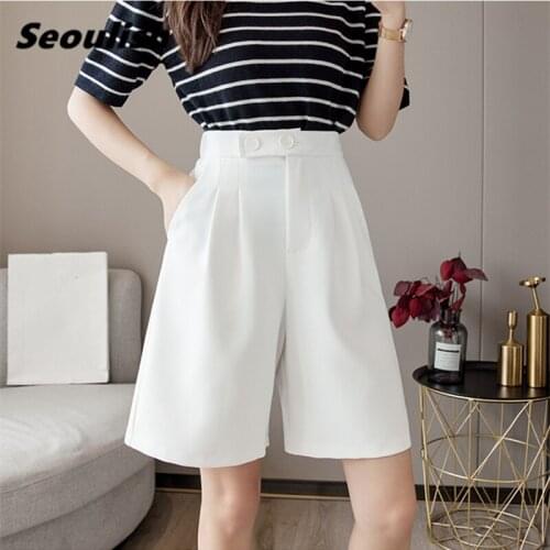 Seoulish Summer 2021 New Elegant Formal Womens Half Suit Pants Buttons High Waist Wide Leg Pants Casual Loose Trousers Pocket