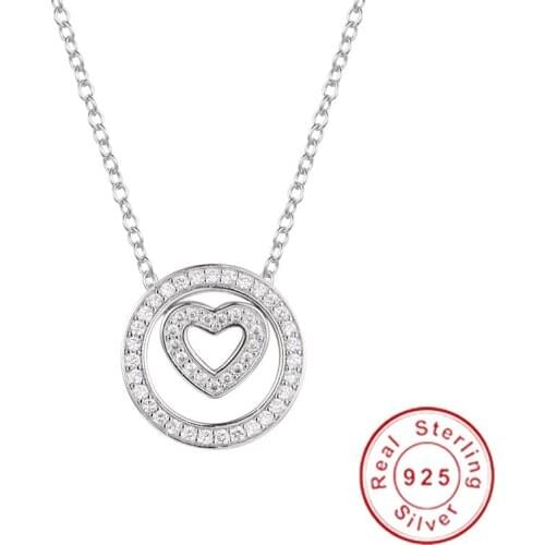 Heart with Round Pendants 5A Zircon Cz Real 925 Sterling silver Wedding Pendant with Necklace for women Bridal jewelry Girl gift