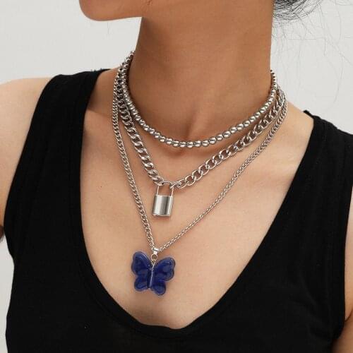 2021 Womens Jewelry Temperament Cold Wind Mix and Match Lock-shaped Necklace Exaggerated Big Butterfly Blue Pendant Necklace