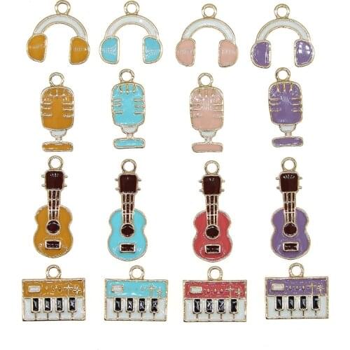 10pcs/lot Cute Enamel Musical Instrument Headset Microphone Electronic Organ Guitar Ukulele Charm For DIY Jewelry Making Finding