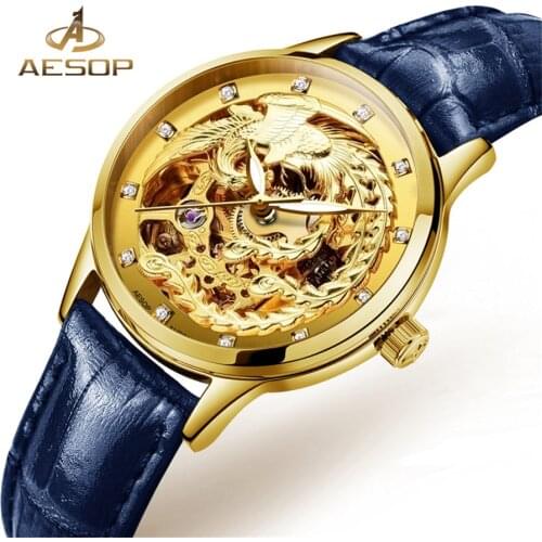 2018 AESOP Fashion Elegant Women Mechanical Wrist Watches Leather Watch band Female Automatic Clock Gold Skeleton Watch Womens