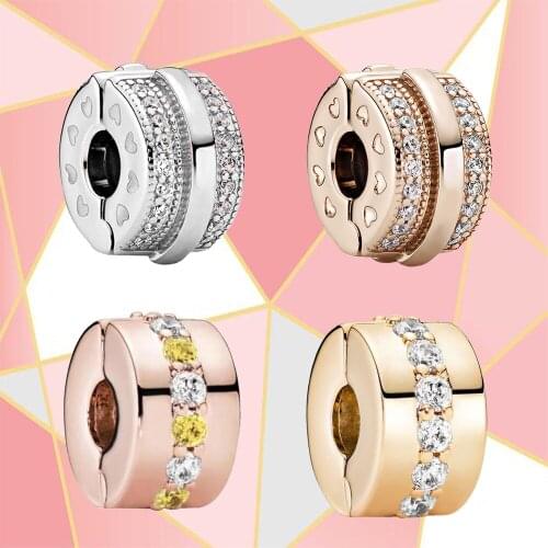 2021 New Fashion 100% S925 Silver Shiny Pavé Line and Logo Fixing Clip Classic Charm Female Original Diy Simple Jewelry