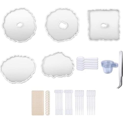 2021 56 Pcs/Set Agate Tray Silicone Mould Crystal Epoxy Resin Mold with Mixing Sticks for DIY Crafts Jewelry Plate Rolling Tray