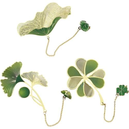3pcs Metal Bookmark 3 Styles Elegant Bookmark Lotus Leaf, Ginkgo Leaf, Four-leaf Clover Pendant Bookmark Tassel Bookmark