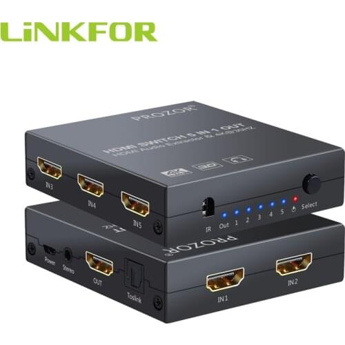 LiNKFOR HDMI-compatible Audio Converter 5x1 HDMI Switch Switcher Audio Extractor With IR Remote Control Support 4K 3D Switch
