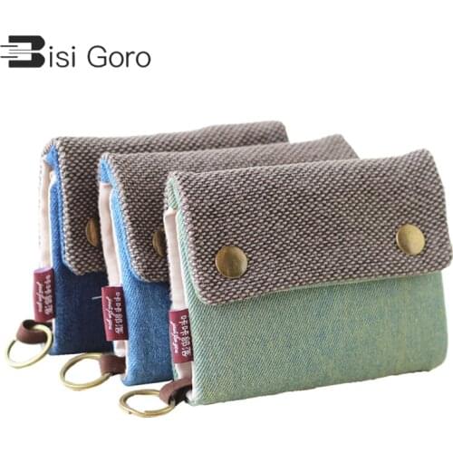 BISI GORO Three-Fold Denim Canvas Unisex Card Key Case Women Wallets Fashion Top Quality Card Holder Classic Purse Hasp Wallet