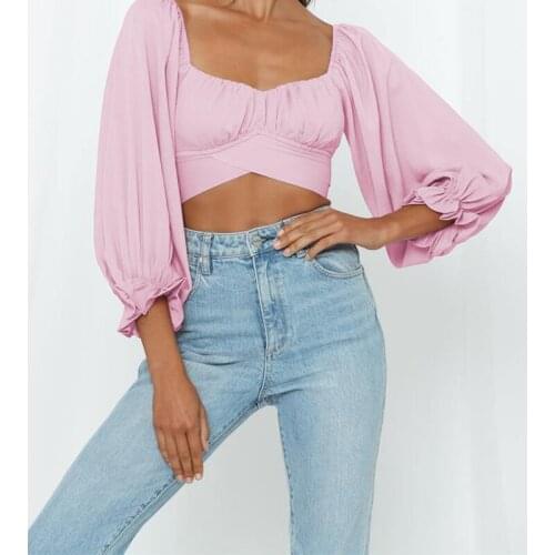 Sexy One-line Neck Pleated Blouse Female Pullover Solid Color Lantern Sleeves Straps Navel Slim Fit Long Tee Crop Tops