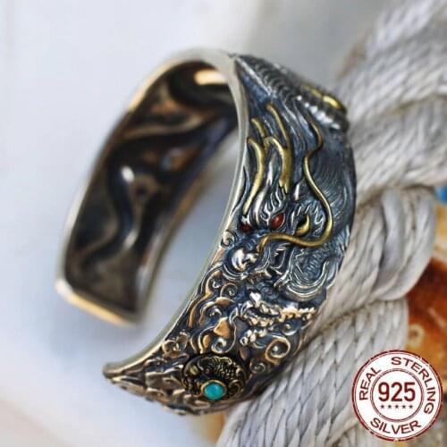 Pure 925 Sterling silver colour dragon bracelet men wide personality bracelet retro ethnic style thai silver handmade bracelet