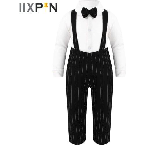 Baby Boys Gentleman Party Dress Suits Long Sleeve Bowtie White Shirt + Striped Suspenders Pants Trousers Kids Holiday Costume